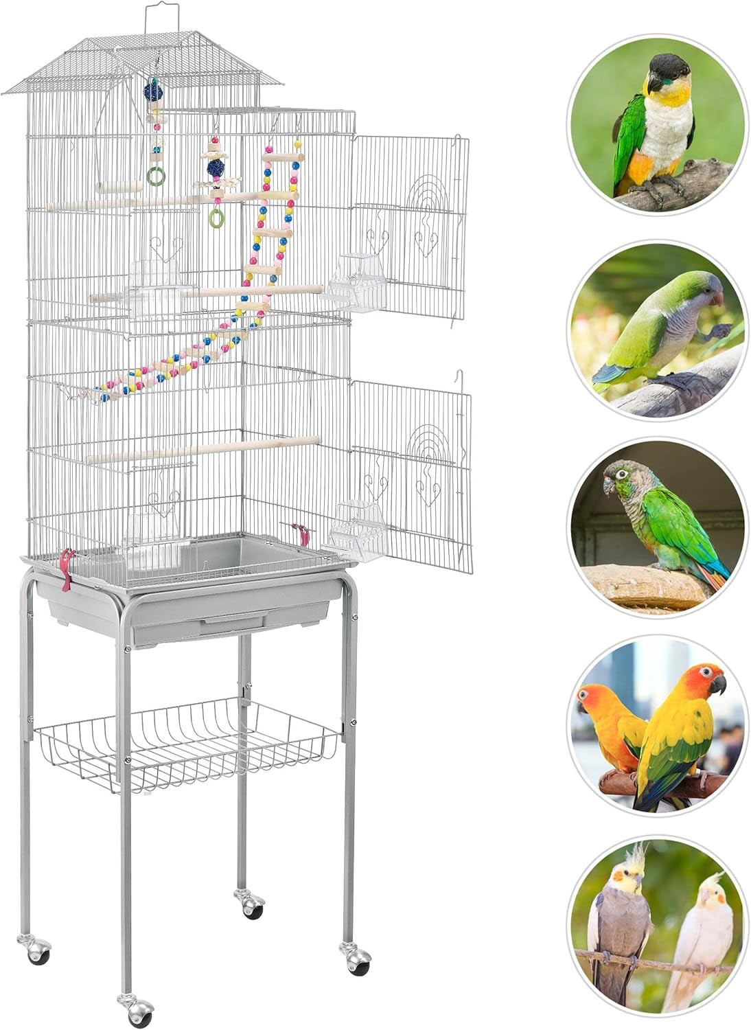 Metal Roof Top Bird Cage Wrought Rolling Birdcage W/Detachable Stand for Medium Small Parrots Parakeets Budgies Cockatiels