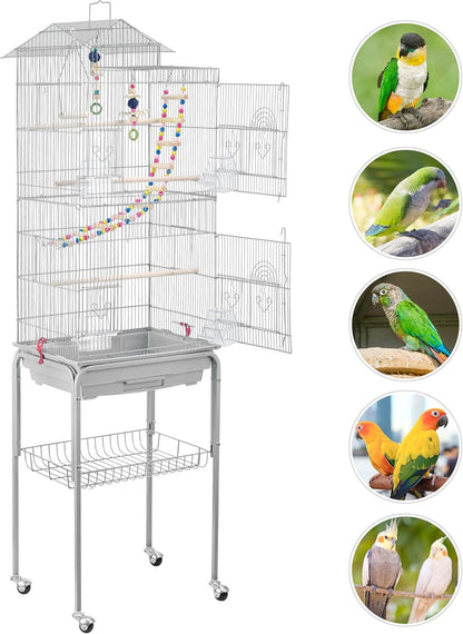 Metal Roof Top Bird Cage Wrought Rolling Birdcage W/Detachable Stand for Medium Small Parrots Parakeets Budgies Cockatiels