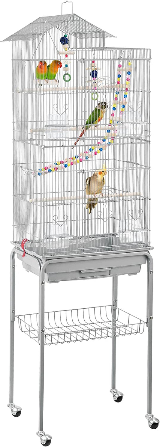 Metal Roof Top Bird Cage Wrought Rolling Birdcage W/Detachable Stand for Medium Small Parrots Parakeets Budgies Cockatiels