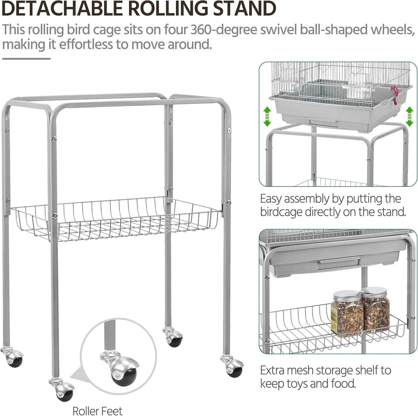 Metal Roof Top Bird Cage Wrought Rolling Birdcage W/Detachable Stand for Medium Small Parrots Parakeets Budgies Cockatiels