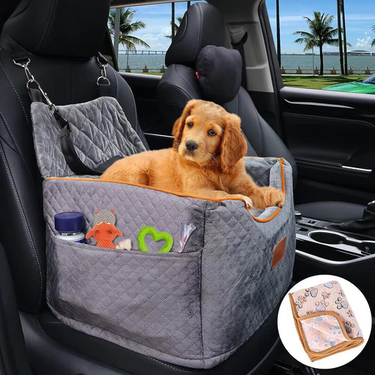 Memory Foam Booster Dog Car Seat with Washable Removable Cover, Elevated Pet Car Seat, Anti-Slip Sturdy Dog Booster Seats for Small Dogs 35Lbs, Dog Seat Belt, Storage Pocket, Dog Blankets